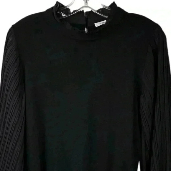 Sioni Women's Black Sheer Pleated Sleeve Mock Neck Blouse Size M - Picture 11 of 13